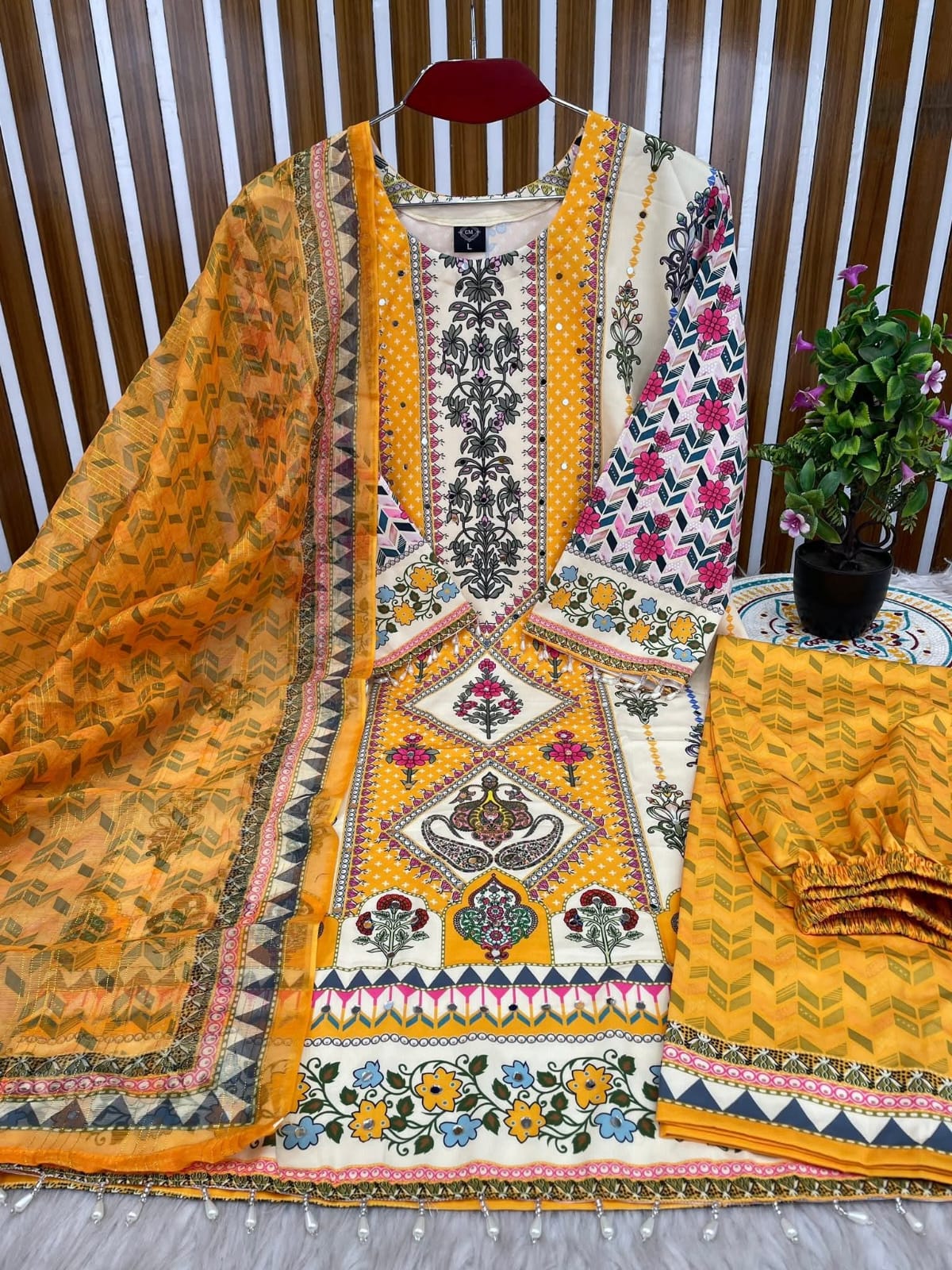 Digital Print Lace Work Ready-Made Three Piece